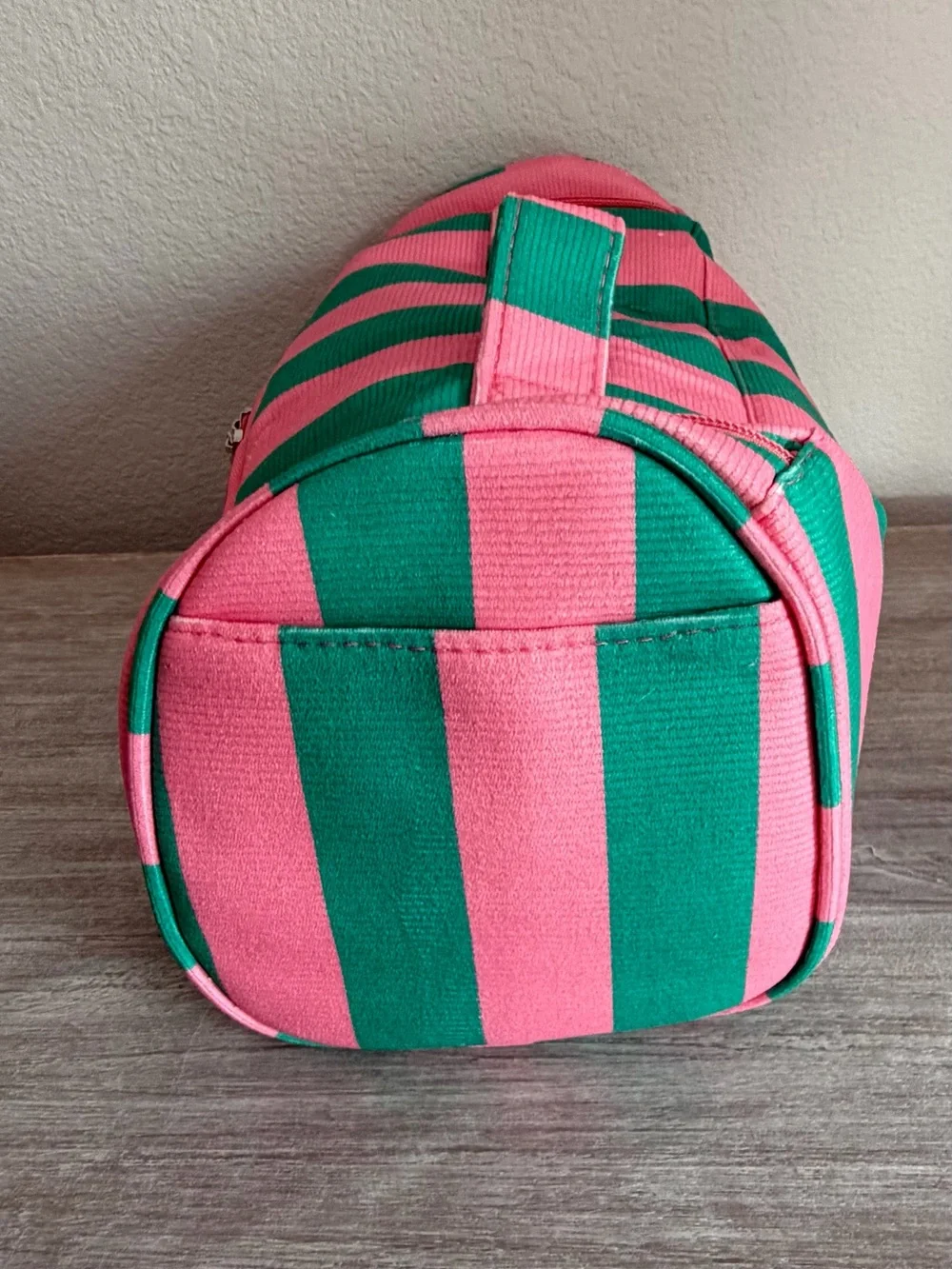 Bubblegum Pink & Green Striped Canvas Large Zip Handle Cosmetic Bag Tote Pockets